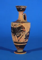 Attisk svartfigur lekythos som viser Odyssevs som rømmer Cyclops, ca. 530 f.Kr