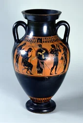 Attisk svartfigurert halsamfora som viser mottakelsen av Herkules på Olympos, ca. 520 f.Kr.