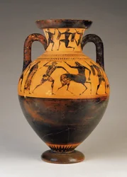 Attic svart-figur hals amfora med Herakles forfølger en kentaur, ca. 530 f.Kr. (terrakotta)