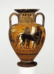 Attisk svart-figur hals amfora med apoteose av Herakles, ca. 530-20 f.Kr. (terrakotta)