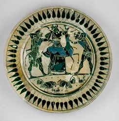 Attisk tallerken med svarte figurer dekorert med en scene av Herakles og Apollo som kjemper om en hjort og blir adskilt av Artemis, på samme måte som Lydos, fra Hellas, ca. 560 f.Kr. (keramikk)
