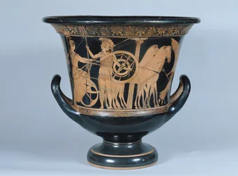 Attic rød-figur calyx krater som viser en hoplitt som drar til krigen (keramikk) (se også 223268)