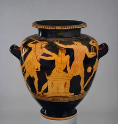 Attisk rødfigurert stamnos dekorert med Herakles og Busiris, kongen av Egypt, av en sen etterfølger av Berlin-maleren, fra Vulci, ca. 470-460 f.Kr.