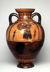 Svart figurvase som viser Athena med et skjold og spyd, 550 f.Kr. (keramikk)