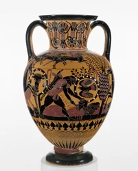 Kalkidisk svartfigurert halsamfora med Odyssevs som dreper en trakier, ca. 540 f.Kr.