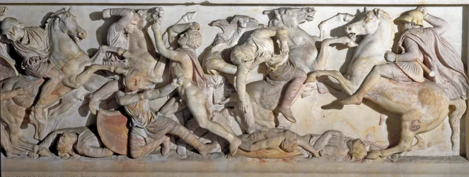 Gresk kunst: "" sarkofag av Alexander den store (356-323 f.Kr.)"" Utsikt over relieffene som representerer slaget ved Issos i 333 f.Kr. mellom grekerne og perserne. Fra den fønikiske nekropolisen i Sidon. 4. århundre f.Kr. Dim. 195 x 318 x167 cm Istanbul, 