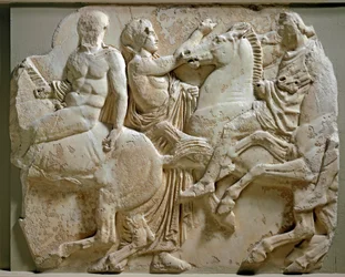 Gresk kunst: "" ryttere""" frise fra parthenon. Relieffstrømper i marmor. 447-432 f.Kr. Athen, Akropolis-museet
