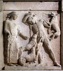 Magna graecia: metope med Artemis og Actaeon, steinrelieff, 500-tallet f.Kr.