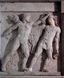 Magna graecia: metope med herakles og amazon, steinrelieff, 5. århundre f.Kr.