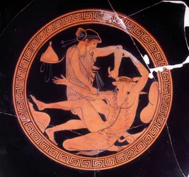 Minotauros drept av Thesevs - gresk vase oppbevart ved Arkeologisk museum i Firenze. Innsiden av den rødfigurerte pentiske koppen, Dokimasia-maleren. 480 f.Kr.