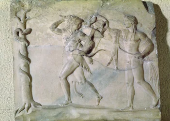Nettbrett som viser Hercules som bærer av seg Delphic Tripod foran Apollo (marmor)