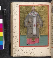 Egerton 2392, fol. 47v, Helgen, fra «Leitourgikon, med ordinasjonsgudstjenester og bønner»