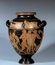Gresk kunst: loftstamnos i keramikk med røde figurer. Dionysisk scene. Maler av Danae