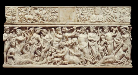 Gresk kunst: marmorrelieff fra en sarkofag som viser Dionysos (eller Bacchus) som oppdager den sovende Ariadne. Guddommen følges av sitt følge av satyrer. 230 e.Kr. Fra Saint-Médard-d