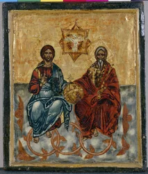 Ikon fra Kreta som viser den hellige treenighet (tempera på tre)