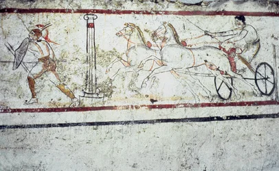 Lucanian freskegravmaleri som viser en gladiator og en mann på en vogn, Paestum 350-330 f.Kr.