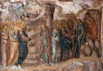 Ekteskap i Cana, narthex veggmaleri, Afendiko kirke, Brontochion kloster