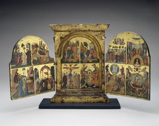 Oppdra av Lasarus; Innreise til Jerusalem; Korsfestelse; Descent of Christ into Hell (sentralpanel), andre halvdel av 1500-tallet (tempera med bladgull på tre)