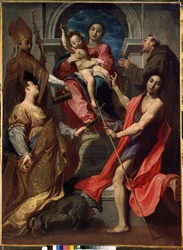 Jomfru og barn med de hellige Frans av Assisi, døperen Johannes, den hellige Margaret av Antiokia og den hellige Gregor den store (Jomfru og barn med de hellige Frans av Assisi, døperen Johannes, Margaret og Gregor den store). Maleri av Gregoire Pagani (15