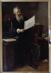 ""Det første inntrykket"" (Det første inntrykket). Portrett av kunstneren Ivan Ivanovich Shishkin (Ivan Ivanovich Shishkin) (1832-1898) som ser på et av verkene hans han nettopp har laget. Maleri av Grigori (Grigoriy, Grigory) Grigoryevich Myasoyedov (
