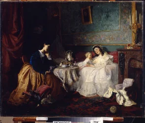 Den andre flaksen (The Other Luck). Scene av familieliv, skildring av forhold og mors kjærlighet. Maleri av Grigori (Grigoriy, Grigory) Grigoryevich Myasoyedov (Myasoedov, Miasoedov) (1834-1911), olje på lerret