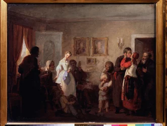 Gratulerer til et nygift par i et herskapshus. (Gratulerer til det nygifte paret i en herregård). Maleri av Grigori (Grigoriy, Grigory) Grigoryevich Myasoyedov (Myasoedov, Miasoedov) (1834-1911), olje på lerret