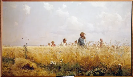 Høst russiske bønder som klipper blesene. Maleri av Grigori Miassoiedow (1835-1911) Peterhof fra 1800-tallet, biblioteket i Chateau