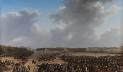 Parade som feirer slutten på militæraksjonen i kongeriket Polen på Tsaritsa Meadow i St. Petersburg 6. oktober 1831