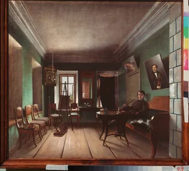 Interiør i Bykovs hus - Maleri av Grigori Vasilyevich Yurov (?-etter 1896), olje på lerret, ca. 1850, russisk kunst