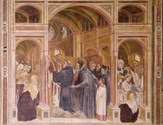 Vestment og dåp av Augustine, scene fra Stories of St Philip and St Augustine, av Guariento (aktiv siden 1338, død ca 1367), freskomaleri, Church of the Eremitani (Eremits), Padua, Veneto. Italia