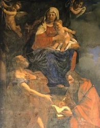 Madonna og barn med de hellige Peter og Paulus av Giovanni Francesco Barbieri, kjent som Guercino (1591-1666), olje på lerret, detalj, kapellet til de hellige Peter og Paul, Pavia
