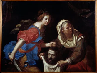 Judith og Holofernes leder. Tjenerinnen hans Abra holder posen mens Judith legger hodet til mannen. Maleri av Giovanni Francesco Barbieri dit Guercino (The Guerchin