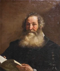 Portrett av en gammel mann som holder en bok