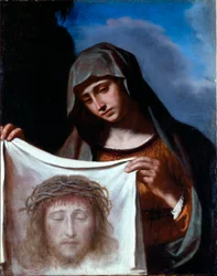 Den hellige Veronica. Det hellige sløret fremstiller Kristi ansikt, hvis svette Veronica skal ha tørket under oppstigningen til Golgata. Maleri av Giovanni Francesco Barbieri, kalt Il Guercino (1591-1666), 1600-tallet, Genova, Banca Ca-samlingen