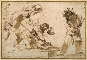 Satirisk emne med karakterer fra Commedia dell'Arte (penn og brunt blekk på papir)