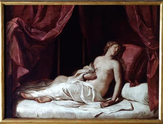 Dronning Kleopatras død, selvmordet til Kleopatra VII Thea Philopator (69-30 f.Kr.), dronning av oldtidens Egypt, 1648, 173 x 237 cm, Genova, Musei di Strada