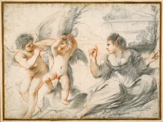 Venus skjeller ut Amor, mens en eldre Amor binder ham til et tre
