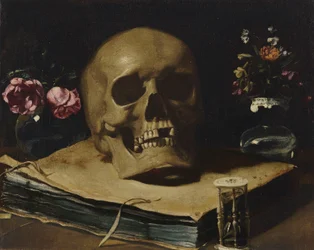 Guercino - Et vanitas-stilleben med en hodeskalle oppå en bok, et timeglass og to glassvaser med blomster