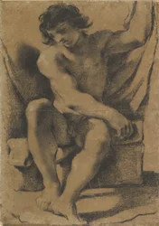 Sittende naken ung mann i nesten frontal fremstilling, ca. 1618