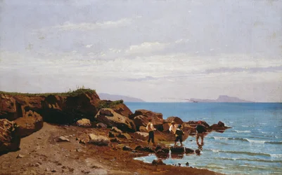 Fiskere på den napolitanske kysten, med øya Capri i bakgrunnen, av Guglielmo Ciardi (1842-1917), olje på lerret, 47,5x76,5 cm
