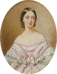 Portrett av Françoise, hertuginne av Chartres (1844–1925) i hvit kjole og sjal med rosa rysjer;