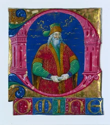 Innledende D[omine] fra en korbok: Kong Salomo, ca. 1470-1480.