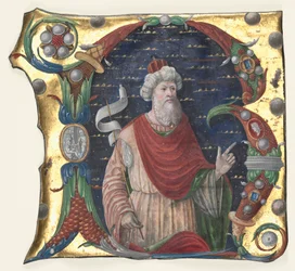 Innledende R fra en korbok med kong David, ca. 1470-1480.