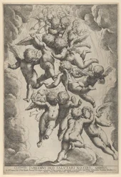 A group of angels embracing in flight, framed by clouds, ca. 1607., ca. 1607.    1169420   no       norwegian Successfully Translated  Original: Scene from The Invisible Man: breaking window, 1953. Translat: Scene from The Invisible Man: breaking window, 1