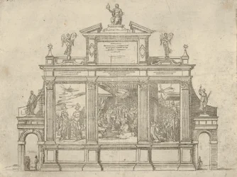 Fasade av et triumfmonument med tre scener som viser gjerninger til pave Clement VIII, en t..., 1598.