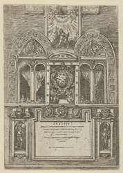 Fasade på Palazzo del Senato i Bologna med de pavelige våpen i sentrum, med midlertidig ..., 1598.
