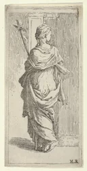 Jente som bærer et krusifiks og går mot en pilaster, sett bakfra, ca. 1590-1600.