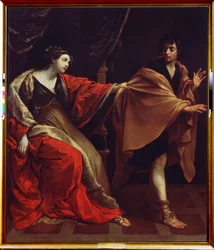 ""Josef og Potifars kone"" (Josef og Potifars kone) Josef flykter fra Potifars kone (Potifar) og prøver å forføre ham. Maleri av Guido Reni, kjent som Le Guide (1575-1642) 1626 Pushkin Museum, Moskva