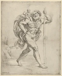 Saint Christopher går med spedbarnet Kristus på høyre skulder, ca. 1600-1640.