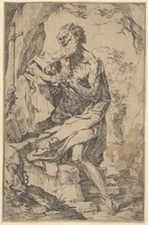 Saint Hieronymus kneler på en stein foran et kors og en åpen bok vendt mot venstre,..., ca. 1600-1640.